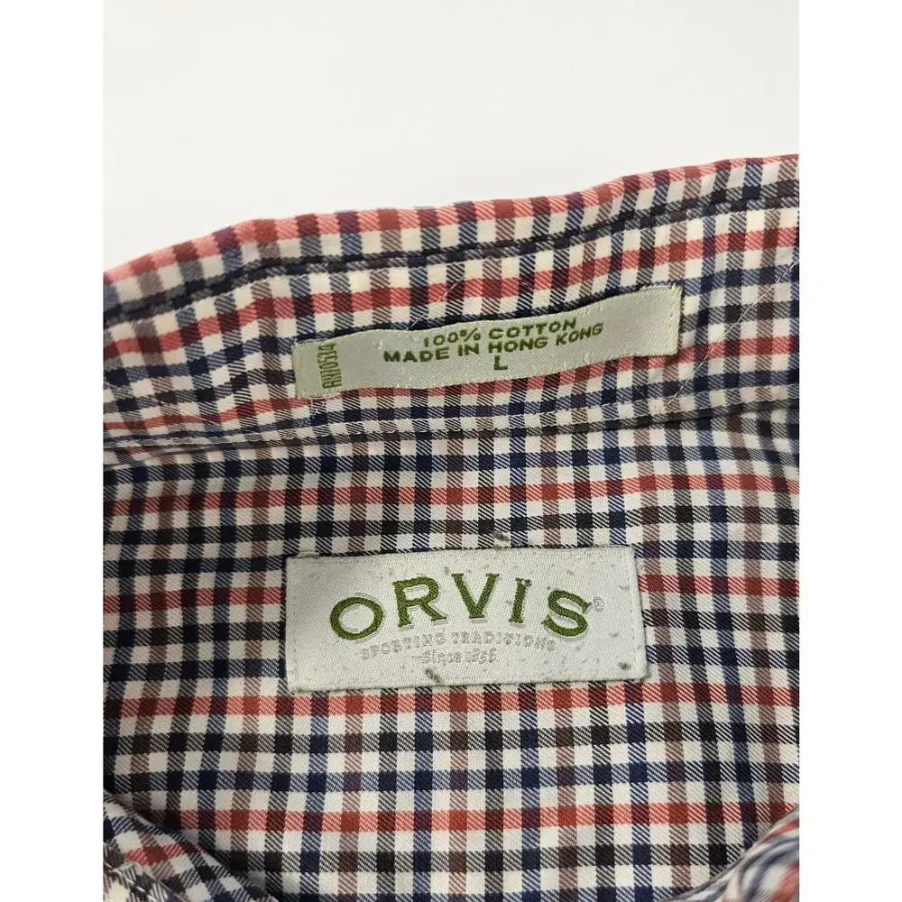 Orvis size large L men's long sleeve orange blue checked button up work casual ^